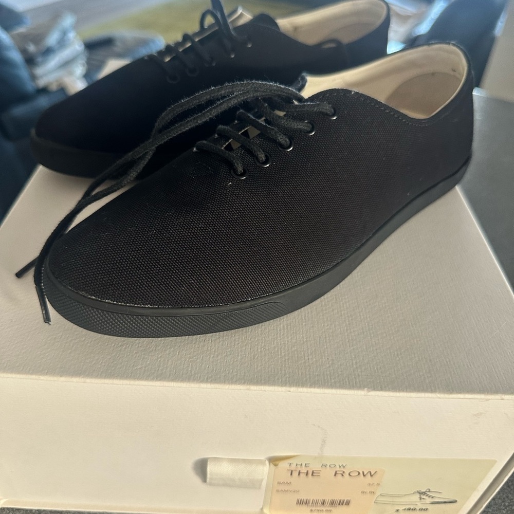 The Row Black Canvas Lace-Up Flats